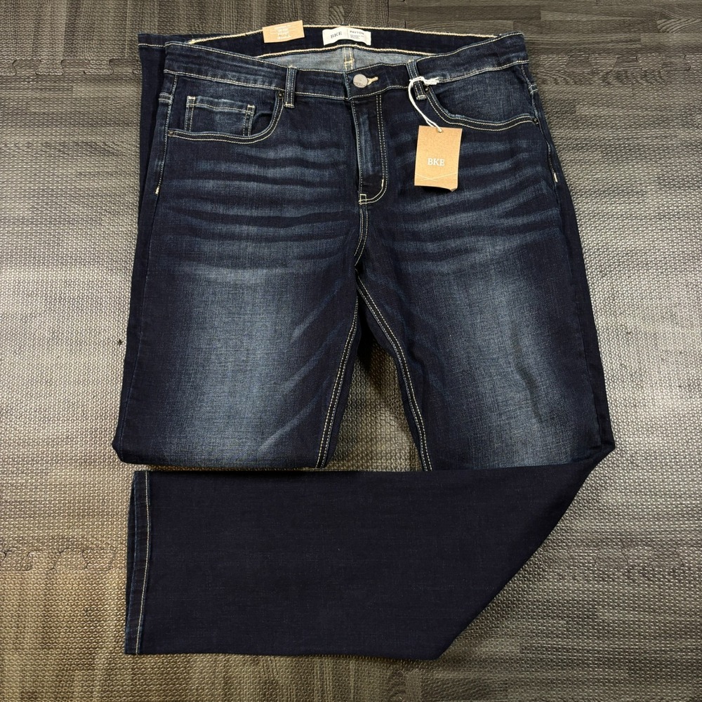 BKE Payton Jeans Women 33R Blue Mid Rise Straight Dark Wash Stretch Whiskers NEW